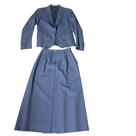 vtg Elizabeth Davidson Blue Wool Skirt Suit Set Blazer Career Workwear Made USA - Picture 1 of 16